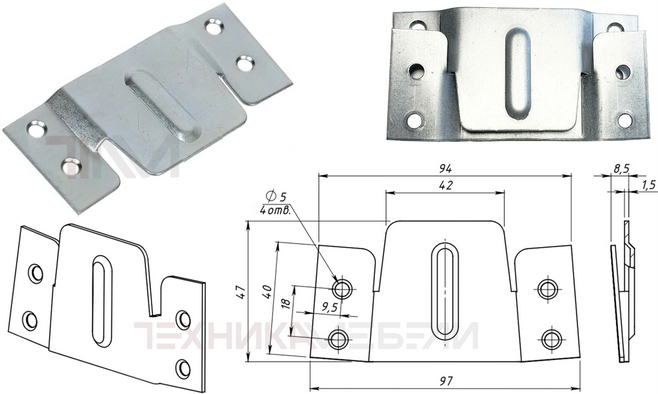 17590 Захват с четырьмя крепежными отверстиями Ø 5 мм и ребром жесткости